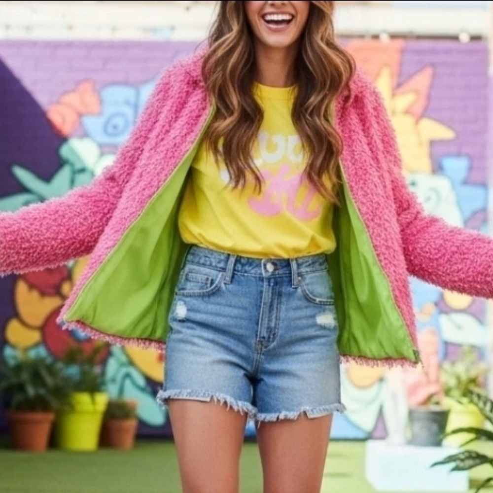 3 Sisters 'Shaggy' Jacket - Hot Pink & Neon Lime - Size M - Fun Y2K